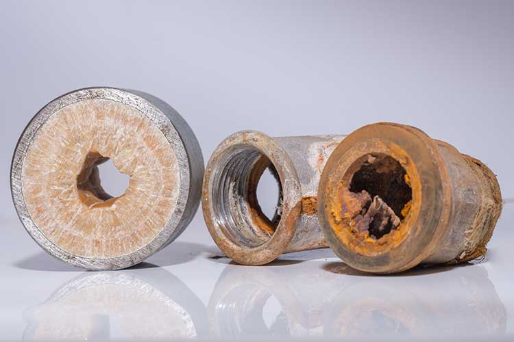 Hard Water Treatment: Studio Photo Of 3 Cross-Sections Of Pipes With Hard Water Build-Up Inside Them.